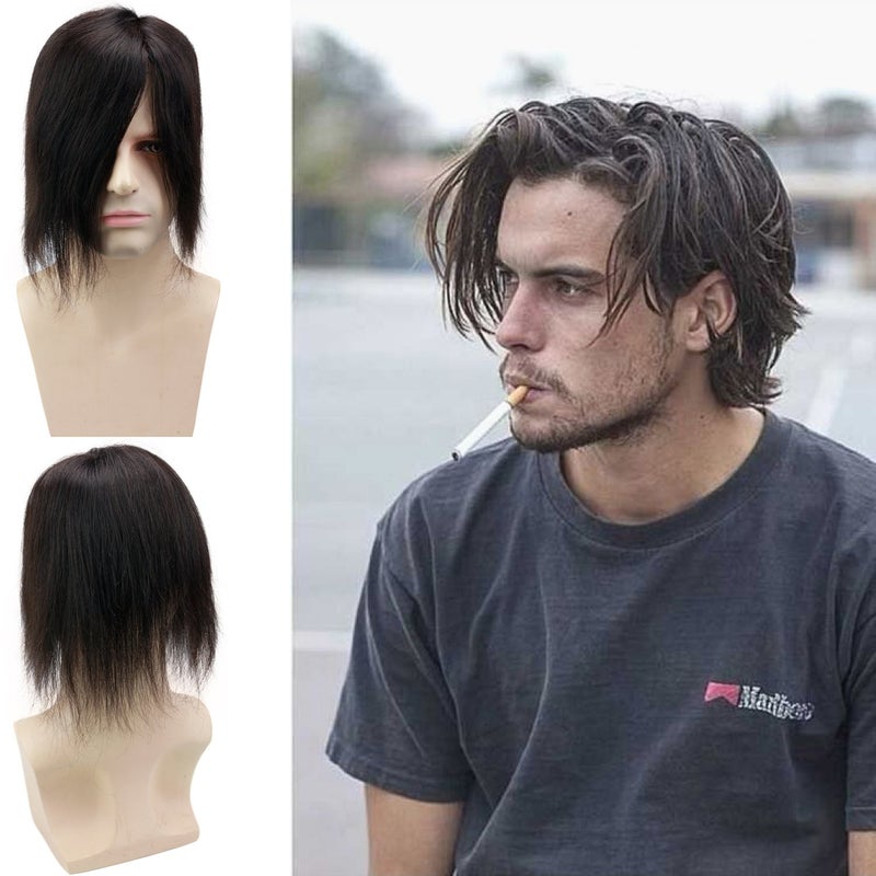 Voloria European Virgin Human Hair Toupee for Men Hairpiece Swiss Mono Lace with PU Around Medium Density Natural Black Color 6x8
