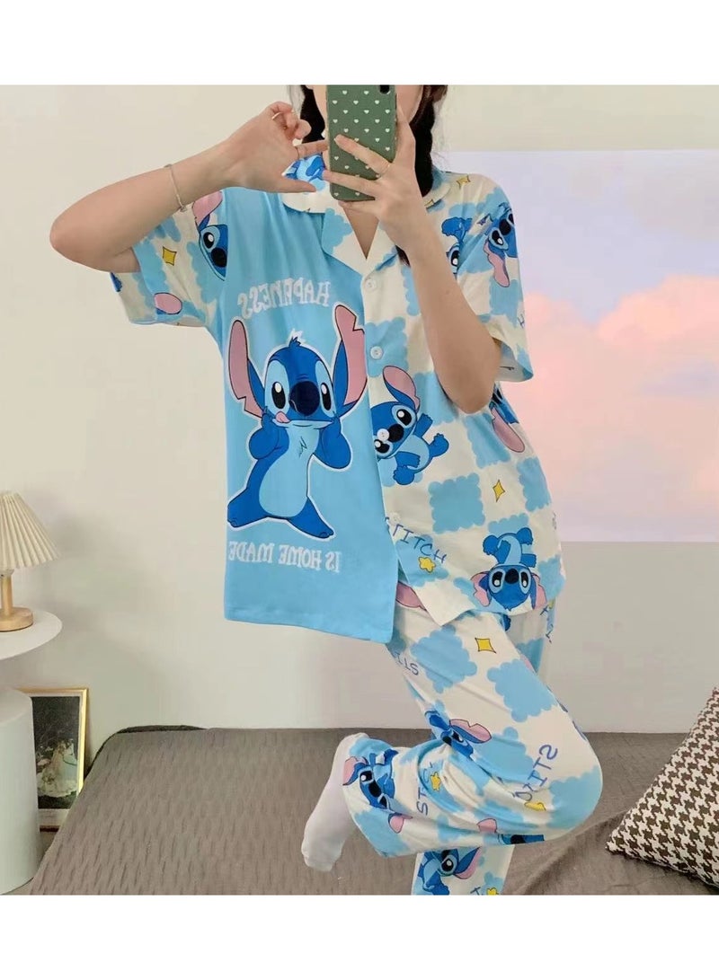 DubaiGallery Women Pyjamas Set PJ Ladies Silk Satin Short Sleeve Print Button Up Loungewear