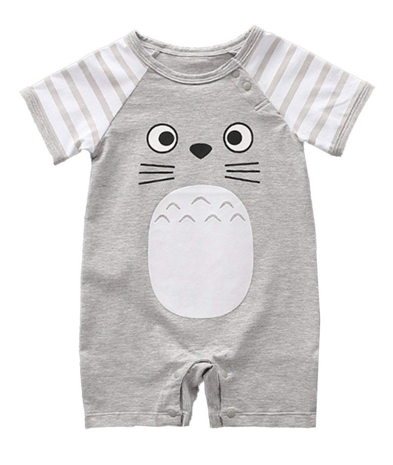 stylesilove Unisex Baby Cotton Onesie - Short Sleeve Outfit with Cute Graphics, Striped Sleeves, 9-12 Months, Grey - Image 1