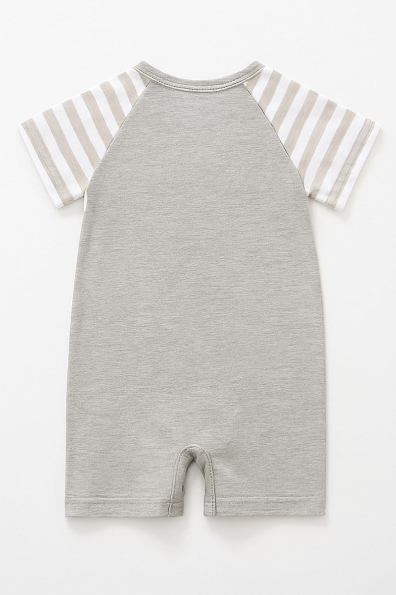 stylesilove Unisex Baby Cotton Onesie - Short Sleeve Outfit with Cute Graphics, Striped Sleeves, 9-12 Months, Grey - Image 3