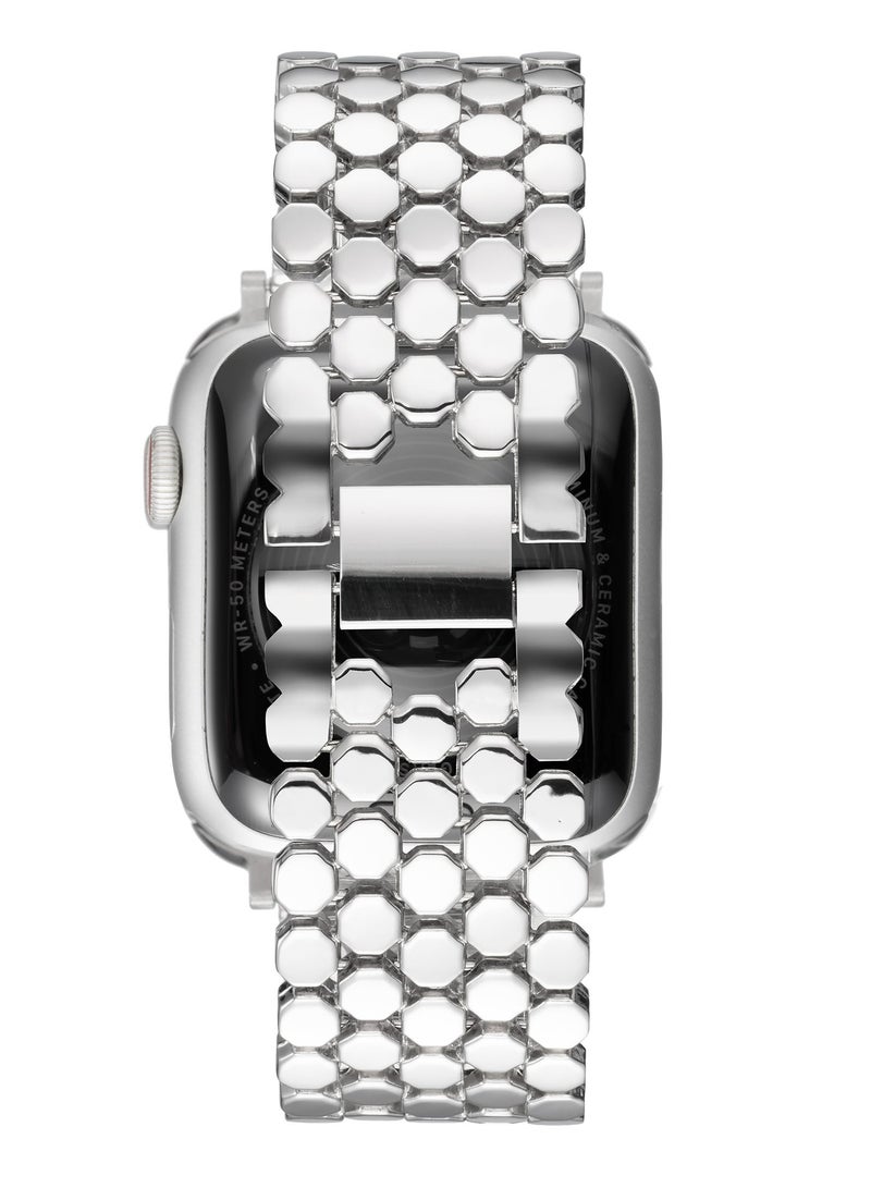 Silver Stainless Steel Apple Watch Band 42mm/44mm/45mm – Polished Hexagonal Link Strap, Elegant Adjustable Metal Band - Image 3