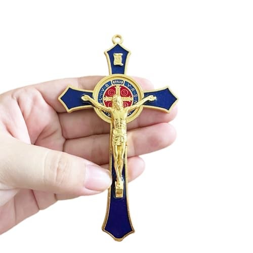 Bovemee Saint Benedict Benedictine Red Enamel 4.7X2.7 Inch Protection Wall Crucifix Cross Catholic San Benito Medalla Prayer Decoration (Blue) - Image 1