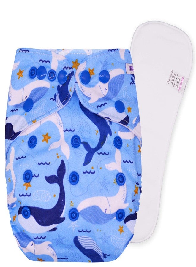 Bembika A Plus Printed Cloth Diapers for Babies, Washable Reusable, Adjustable Sizes with 4 Layer Dry Feel Insert (Whale Doodle) - Image 1