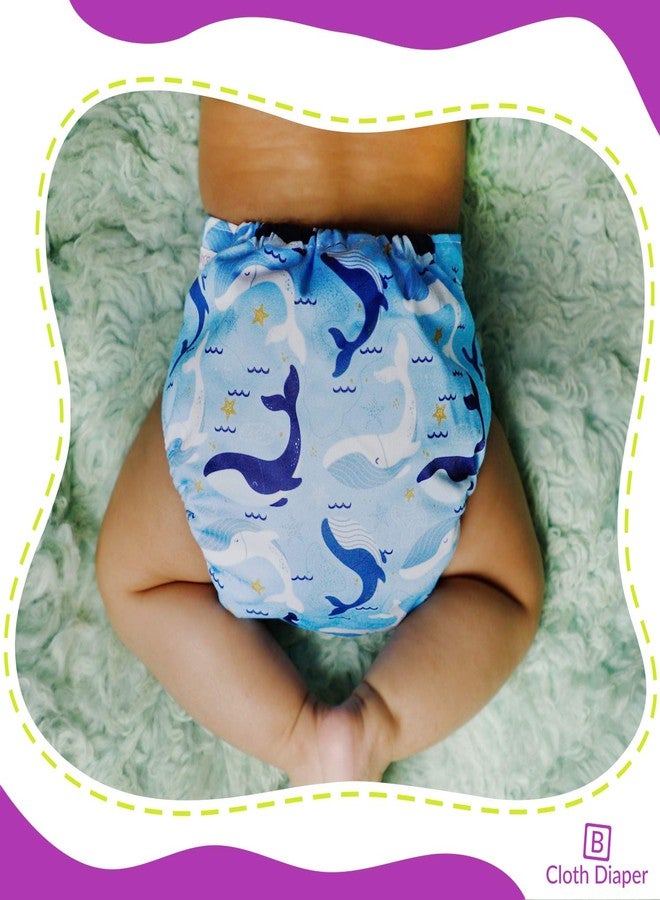 Bembika A Plus Printed Cloth Diapers for Babies, Washable Reusable, Adjustable Sizes with 4 Layer Dry Feel Insert (Whale Doodle) - Image 2