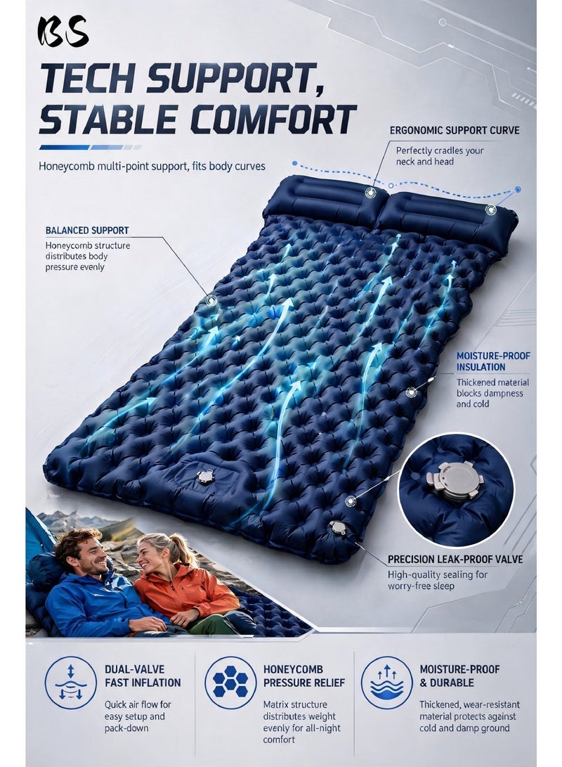 BS Double Camping Sleeping Mat, Ultralight – Inflatable with Built-In Foot Pump & Pillow - Image 2