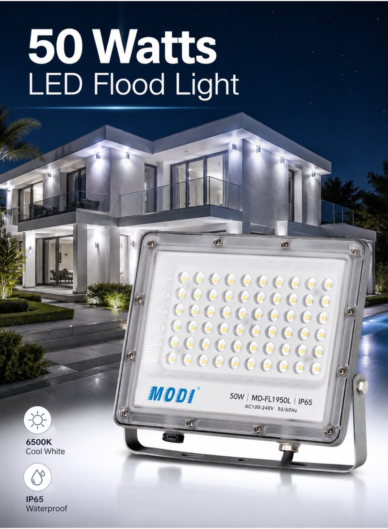 مودي كشاف LED بقدرة 50 واط، إضاءة خارجية SMD ساطعة 6000 لومن، مقاوم للماء IP65، حماية من زيادة الجهد 4KV، AC100-240V، هيكل ألمنيوم و PC للفلل والحدائق والساحات والمستودعات - Image 1