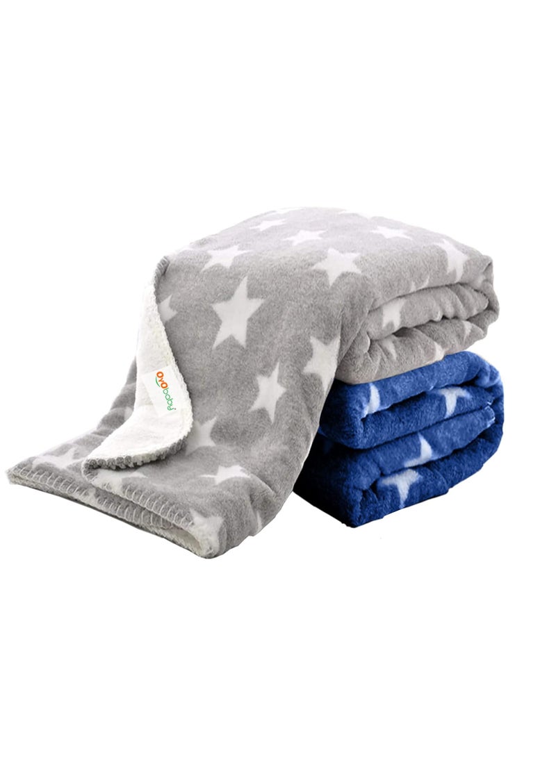 OYO BABY Baby Square Blankets Combo | for New Born Babies Baby Boys, Baby Girls, Babies for 0-6 Months, Fleece, Skin Friendly, 2 Blankets (Star Grey + Star Dark Blue) - Image 1