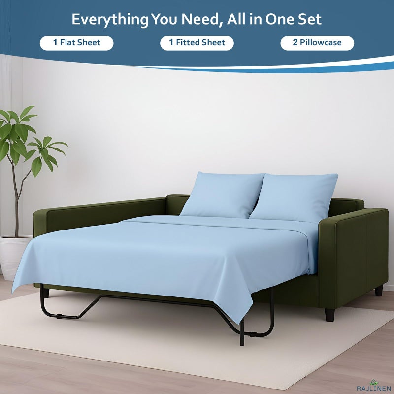Rajlinen Queen Sleeper Sofa Bed Sheets, 100% Egyptian Cotton, 4 Piece Set, Deep Pocket Fitted Sheet, Soft, Cooling, Breathable, Fits Up to 8 Inch Mattress, Luxury Hotel Quality, Light Blue - Image 5