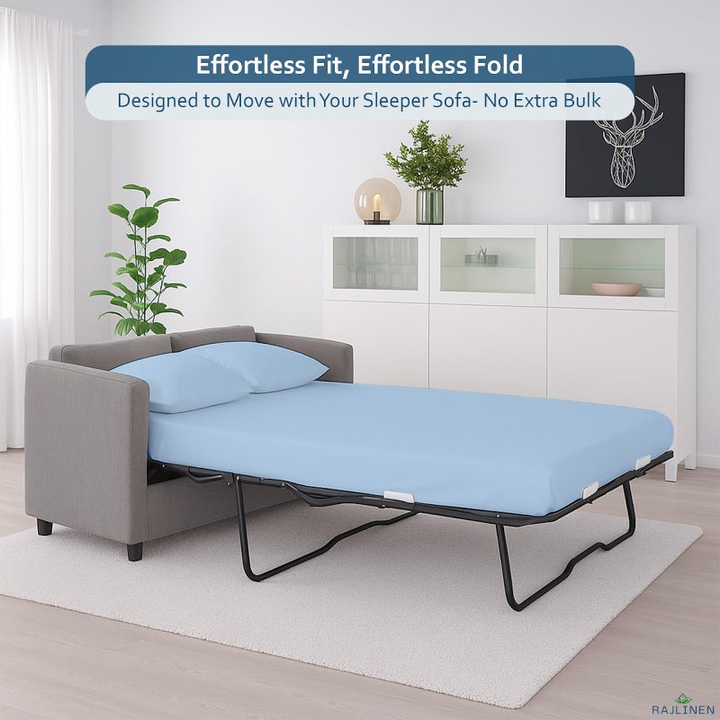 Rajlinen Queen Sleeper Sofa Bed Sheets, 100% Egyptian Cotton, 4 Piece Set, Deep Pocket Fitted Sheet, Soft, Cooling, Breathable, Fits Up to 8 Inch Mattress, Luxury Hotel Quality, Light Blue - Image 2