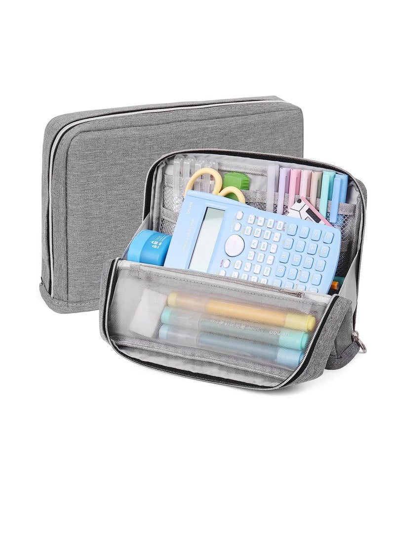 Standing Pencil Case Big Capacity Pencil Pouch Large Stationery Organizer Bag Canvas Office School Supplies for Primary Middle College Students Girls Boys Grey - Image 1
