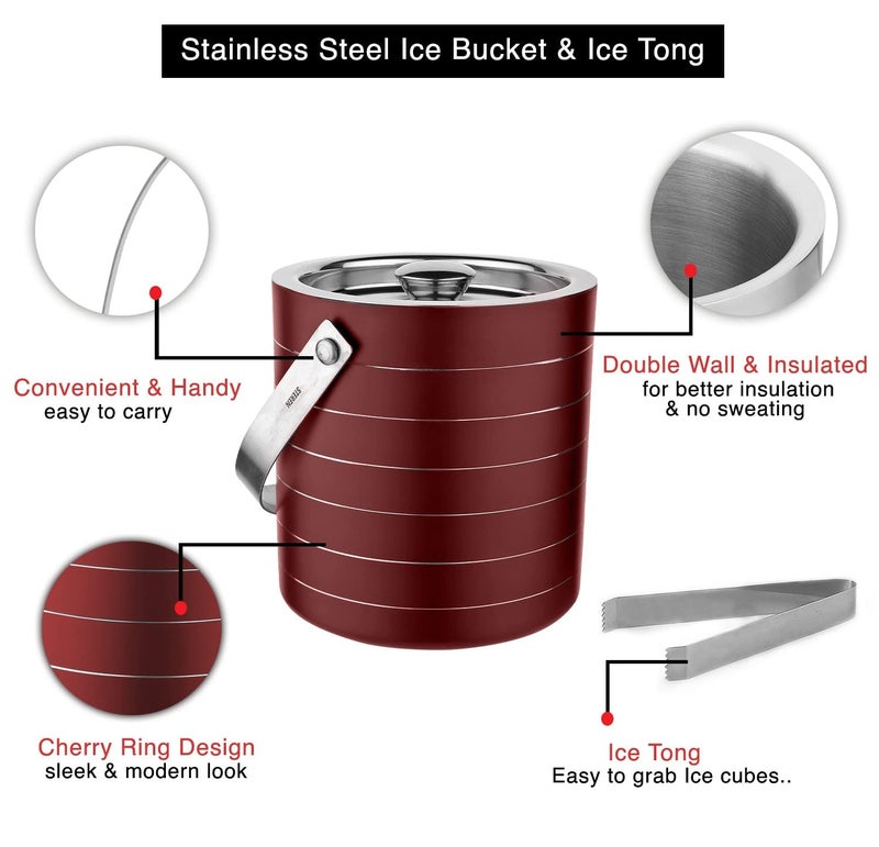 STEREN IMPEX Steren | Stainless Steel Double Wall Ice Bucket with Tong - Cherry Ring Design, Small, 1L - Image 4