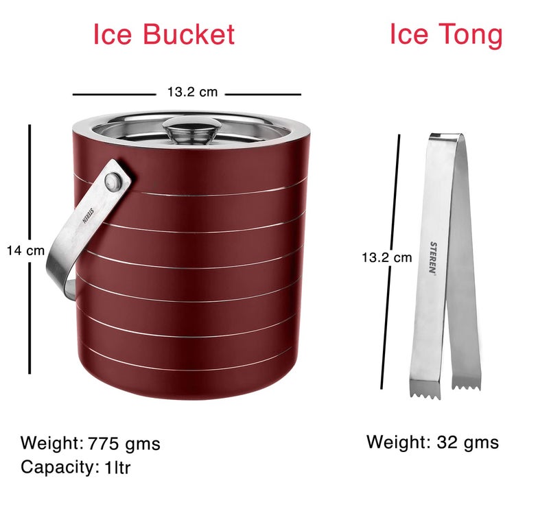 STEREN IMPEX Steren | Stainless Steel Double Wall Ice Bucket with Tong - Cherry Ring Design, Small, 1L - Image 3