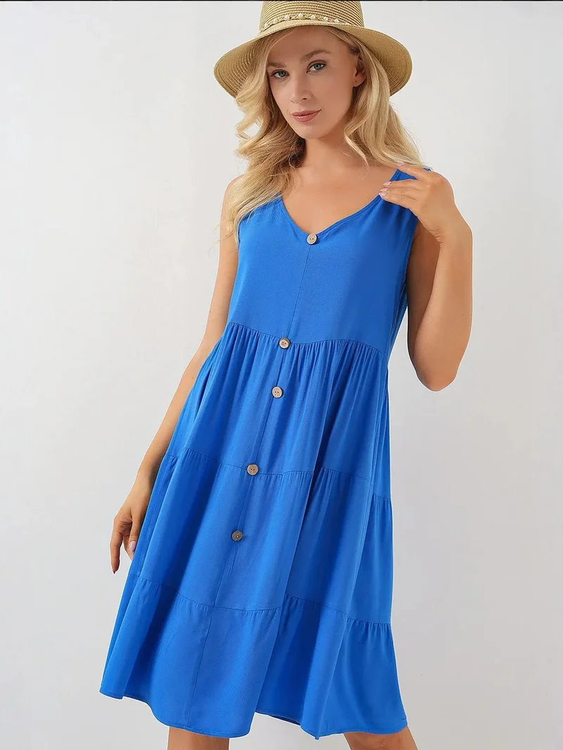 BIG DART BDART V-Neck Sleeveless Mini Dress with Button Detail