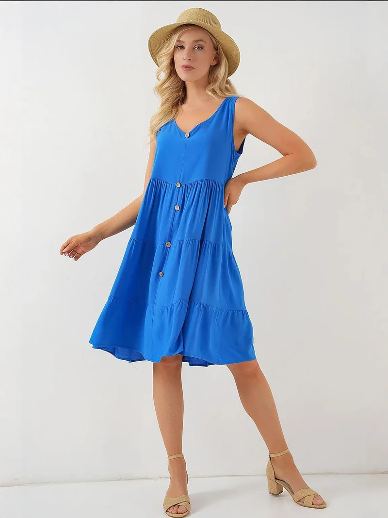 BIG DART BDART V-Neck Sleeveless Mini Dress with Button Detail