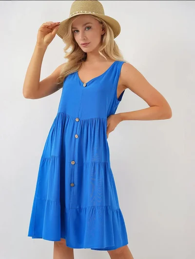 BIG DART BDART V-Neck Sleeveless Mini Dress with Button Detail