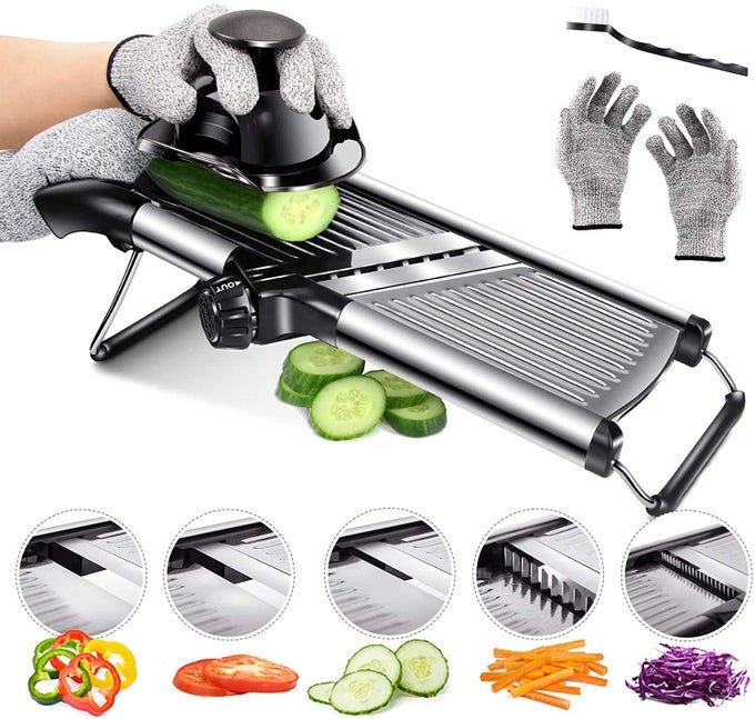 MANDOLINE FOOD SLICER ADJUSTABLE THICKNESS FOR CHEESE FRUITS VEGETABLES STAINLESS STEEL FOOD CUTTER SLICER DICER WITH EXTRA BRUSH AND BLADE GUARD FOR KITCHEN