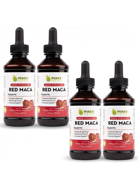 Maxx Herb Red Maca Root Extract - Max Strength Liquid Drops Absorb Better Than Powder or Capsules, for Stamina, Memory and Focus - Alcohol Free - 4 Bottles, 4 Oz Each (240 Servings)
