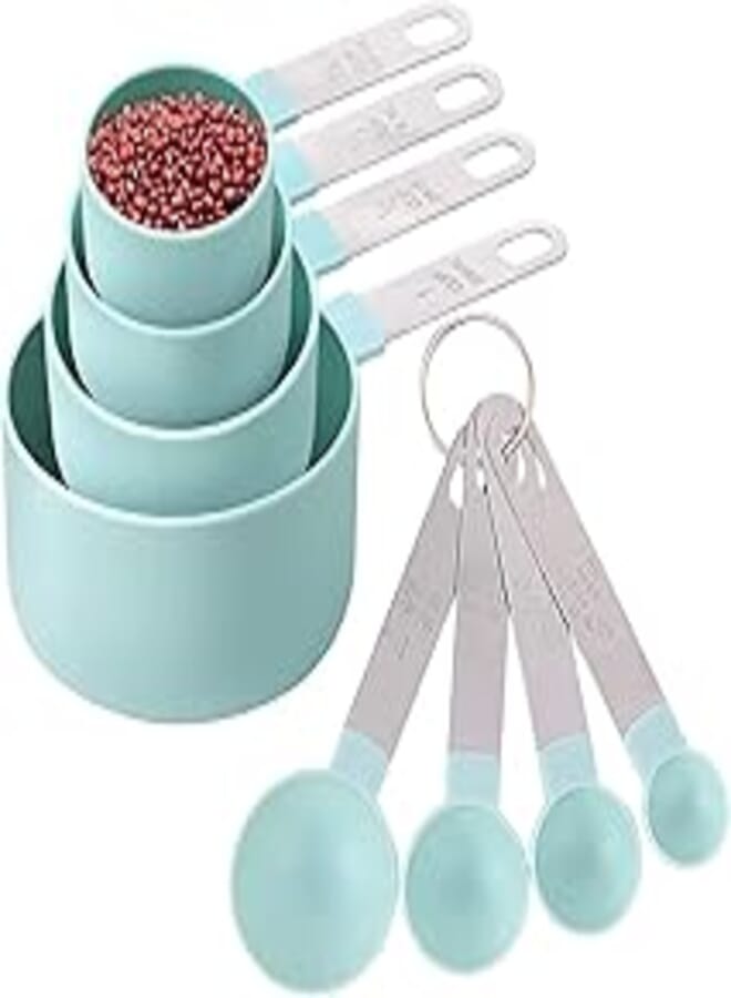 NNEWVANTE 8 Pcs Measuring Cups and Spoons Set, Stackable Stainless Steel Handle Accurate Tablespoon for Measuring Dry and Liquid Ingredients Small Teaspoon with Plastic Head Assorted Colors