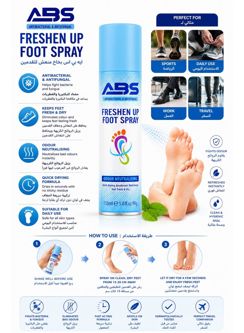 ABS Freshen Up Antibacterial & Antifungal Foot Spray, Odour Neutralising, 150ml - Image 2