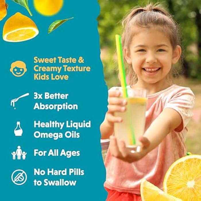 Barlean's Omega 3 Fish Oil Liquid Supplement for Kids, 540 mg of EPA and DHA Fatty Acid for Brain & Eye Health, Chirpin' Slurpin' Lemonade, 8 oz - Image 5