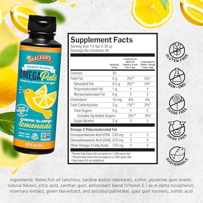 Barlean's Omega 3 Fish Oil Liquid Supplement for Kids, 540 mg of EPA and DHA Fatty Acid for Brain & Eye Health, Chirpin' Slurpin' Lemonade, 8 oz - Image 2