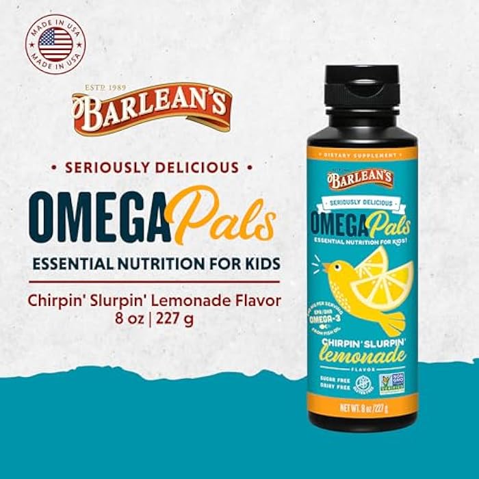 Barlean's Omega 3 Fish Oil Liquid Supplement for Kids, 540 mg of EPA and DHA Fatty Acid for Brain & Eye Health, Chirpin' Slurpin' Lemonade, 8 oz - Image 3