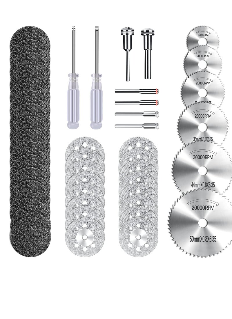 Excefore Cutting Wheels Set for Rotary Tool, 44 Pcs Accessories Kit, Includes 15 Diamond Cutting Wheels, 15 Resin Cut Off Discs, 6 HSS Circular Saw Blades, 6 Mandrel Shanks, and 2 Screwdrivers, Gifts for Men  - Image 1