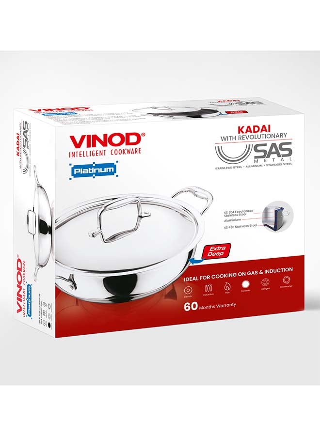 Vinod Platinum Triply Stainless Steel Extra Deep Kadai with Stainless Steel Lid 2.5 Litres Capacity (22 cm Diameter) | 22 cm Triply Stainless Steel Kadai, Silver (Induction and Gas stove Friendly) - Image 2