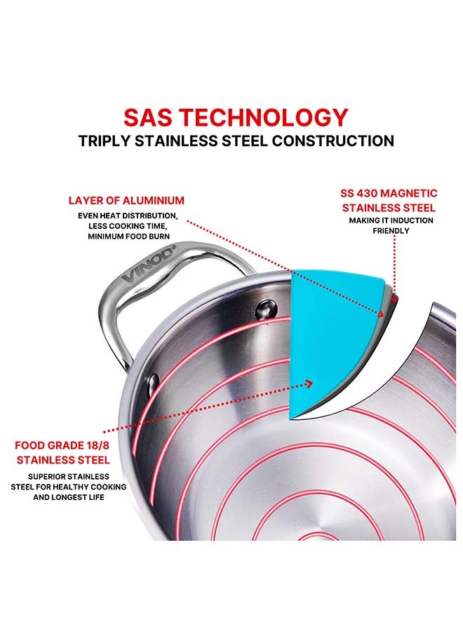 Vinod Platinum Triply Stainless Steel Extra Deep Kadai with Stainless Steel Lid 2.5 Litres Capacity (22 cm Diameter) | 22 cm Triply Stainless Steel Kadai, Silver (Induction and Gas stove Friendly) - Image 3