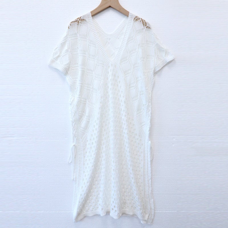 Hollow knitted pullover blouse 2022 spring and summer new beach vacation bikini sun protection shirt dress White