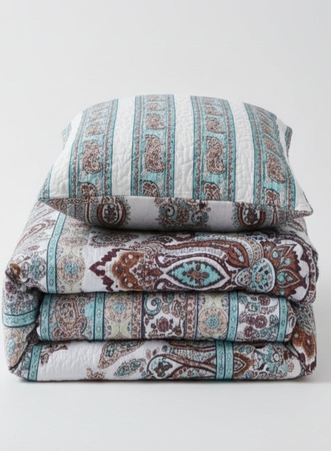 DaDa Bedding Bohemian Summertime Cozy Floral Bedspread Set - Paisley Beach Vibes Bright Vibrant Colorful Reversible Coverlet - Turquoise Blue Red Orange with White Background - Queen - 3-Pieces - Image 4