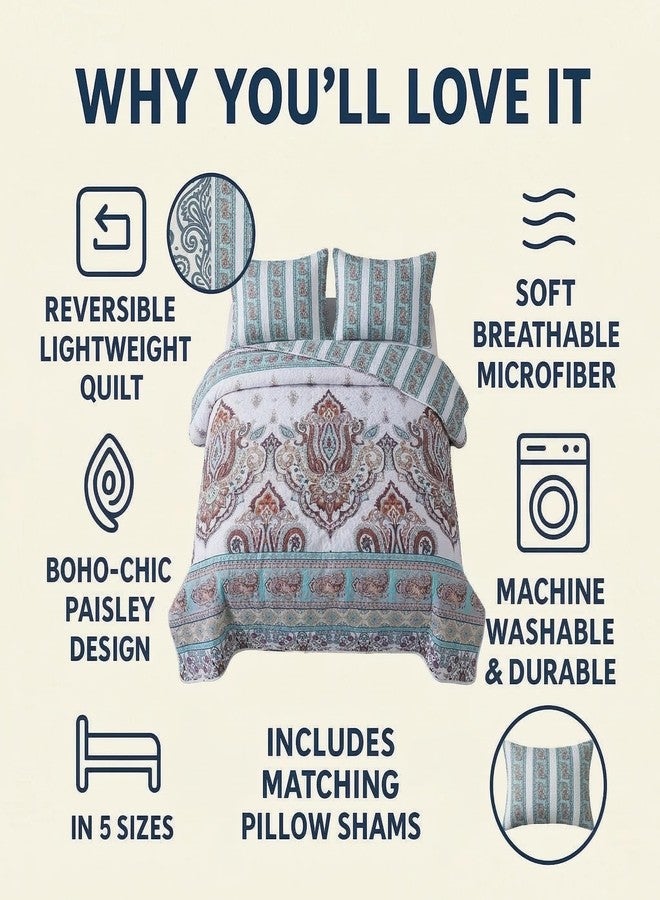 DaDa Bedding Bohemian Summertime Cozy Floral Bedspread Set - Paisley Beach Vibes Bright Vibrant Colorful Reversible Coverlet - Turquoise Blue Red Orange with White Background - Queen - 3-Pieces - Image 2