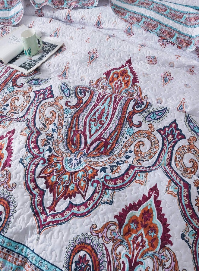 DaDa Bedding Bohemian Summertime Cozy Floral Bedspread Set - Paisley Beach Vibes Bright Vibrant Colorful Reversible Coverlet - Turquoise Blue Red Orange with White Background - Queen - 3-Pieces - Image 3