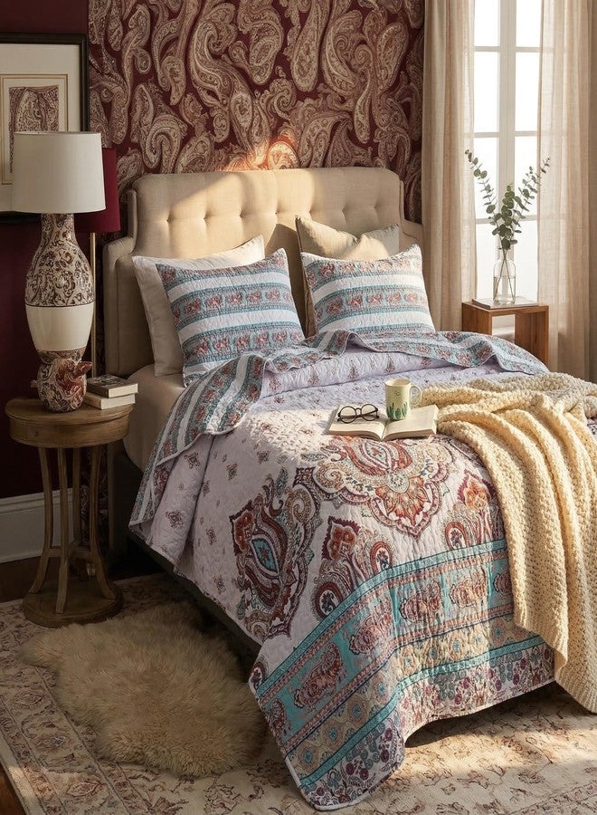 DaDa Bedding Bohemian Summertime Cozy Floral Bedspread Set - Paisley Beach Vibes Bright Vibrant Colorful Reversible Coverlet - Turquoise Blue Red Orange with White Background - Queen - 3-Pieces - Image 1