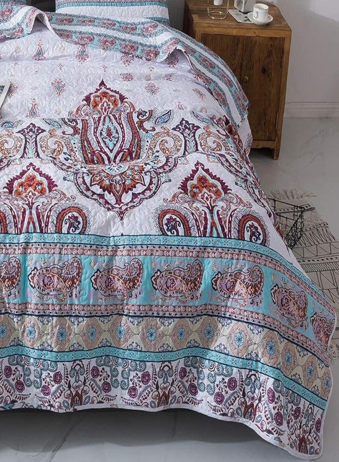 DaDa Bedding Bohemian Summertime Cozy Floral Bedspread Set - Paisley Beach Vibes Bright Vibrant Colorful Reversible Coverlet - Turquoise Blue Red Orange with White Background - Queen - 3-Pieces - Image 5