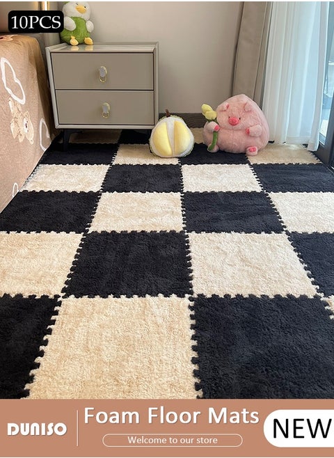 10Pcs Thickened Foam Floor Mats, Interlocking Carpet Shaggy Soft Foam Play Mat, Fluffy Plush Interlocking Foam Tiles Soft Anti-Slip Puzzle Area Square Rug Playmat  for Children Room Bedroom Home Playroom Decoration
