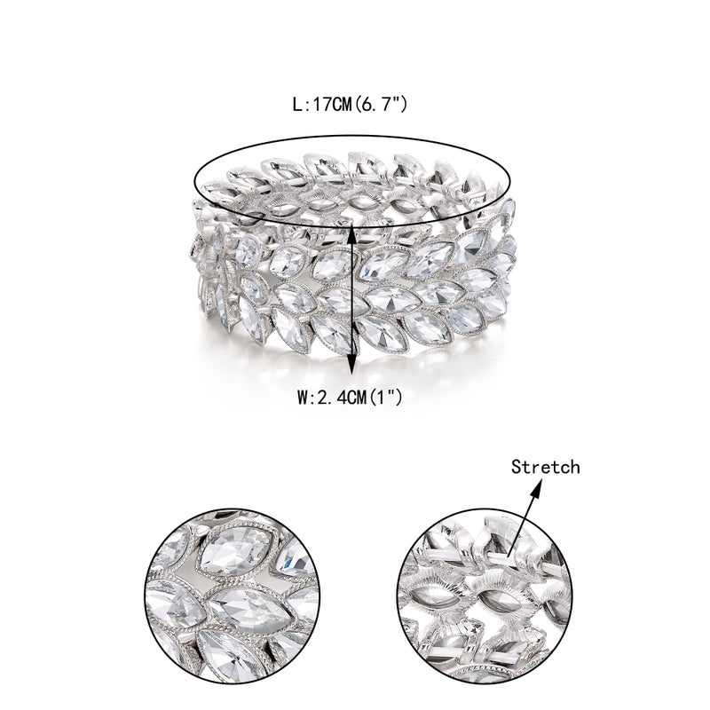 EVER FAITH Art Deco Wrist Jewelry for Prom 3 Marquise Crystal Leaf Elastic Stretch Bracelet Clear Rhodium-Tone - Image 4
