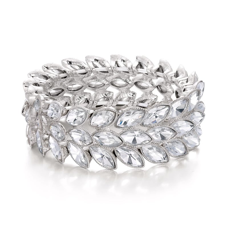 EVER FAITH Art Deco Wrist Jewelry for Prom 3 Marquise Crystal Leaf Elastic Stretch Bracelet Clear Rhodium-Tone - Image 1