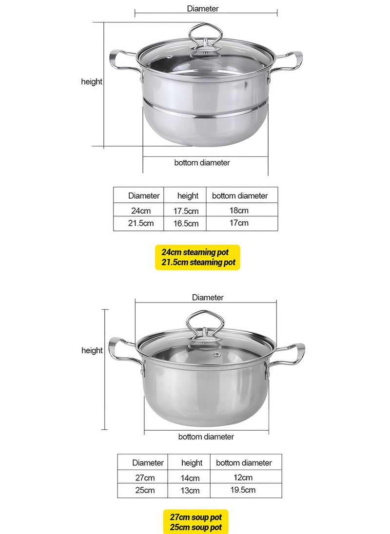 10-Piece Stainless Steel Cookware and Pot Set, Milk Pot/Soup Pot/Steamer Set
