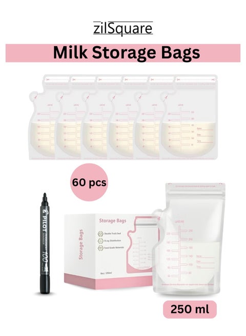 60 Pcs Breast Milk Storage Bags 250ml with Marker – Leak Proof Double Zipper Breastmilk Freezer Pouches – BPA Free Disposable Self Standing Milk Bags for Pumped Milk & Baby Feeding