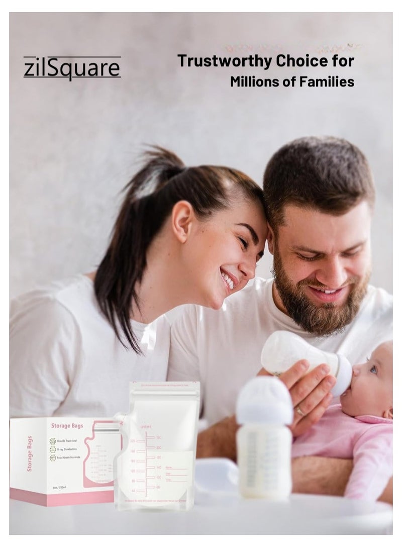 60 Pcs Breast Milk Storage Bags 250ml with Marker – Leak Proof Double Zipper Breastmilk Freezer Pouches – BPA Free Disposable Self Standing Milk Bags for Pumped Milk & Baby Feeding