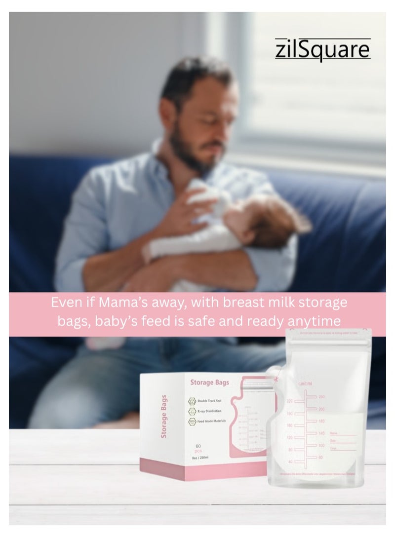 60 Pcs Breast Milk Storage Bags 250ml with Marker – Leak Proof Double Zipper Breastmilk Freezer Pouches – BPA Free Disposable Self Standing Milk Bags for Pumped Milk & Baby Feeding