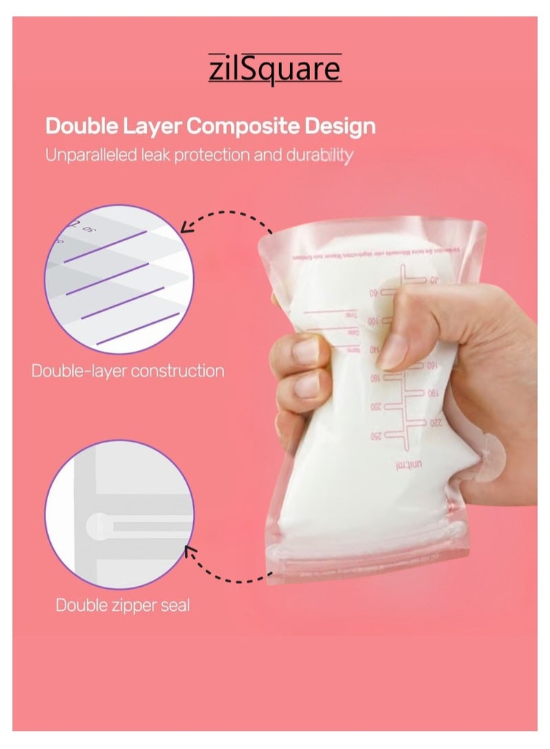 60 Pcs Breast Milk Storage Bags 250ml with Marker – Leak Proof Double Zipper Breastmilk Freezer Pouches – BPA Free Disposable Self Standing Milk Bags for Pumped Milk & Baby Feeding