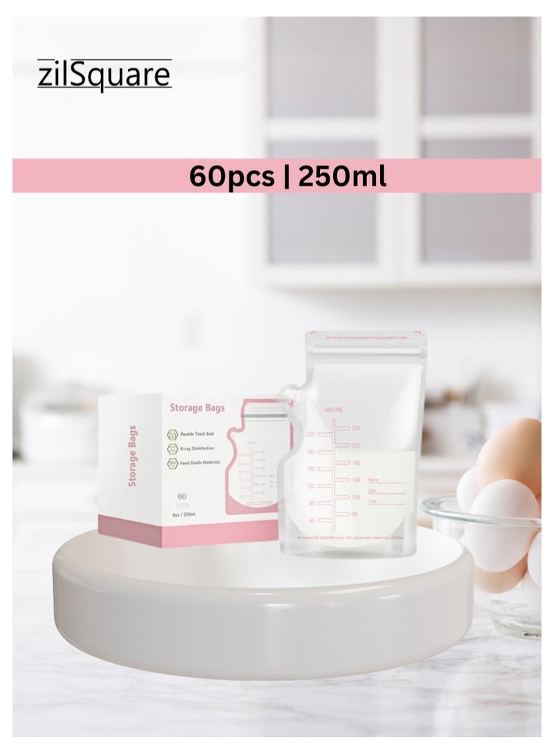 60 Pcs Breast Milk Storage Bags 250ml with Marker – Leak Proof Double Zipper Breastmilk Freezer Pouches – BPA Free Disposable Self Standing Milk Bags for Pumped Milk & Baby Feeding