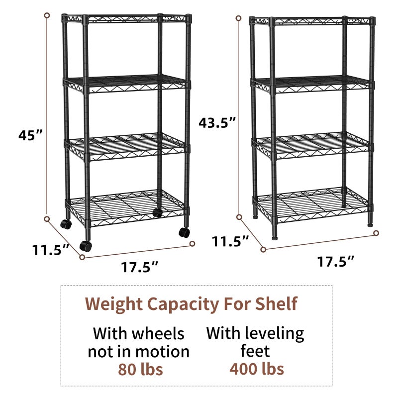 SINGAYE 4 Small Shelves Storage Shelf Wire Shelving Unit Metal Shelf Adjustable Organizers Storage Shelving with Wheels for Bathroom Laundry Room Kitchen Pantry11.5â€D x 17.5â€W x 30.5â€H Black - Image 4