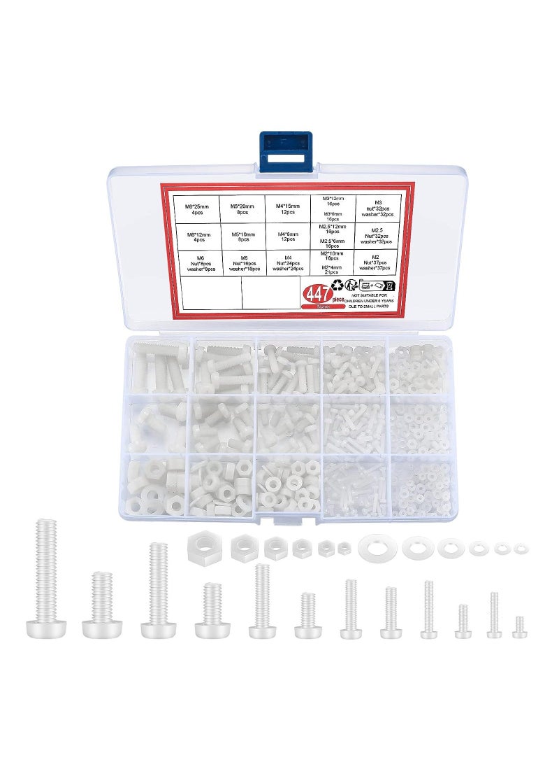 Generic - 447 PCS White Nylon Plastic Pan Round Head Screws Bolts and Nuts and Gaskets, Metric Full Threaded Hex Head Screws Bolts and Nuts and Washers Assortment Set - M2/M2.5/M3/M4/M5/M6, for Home Repairs - Image 1