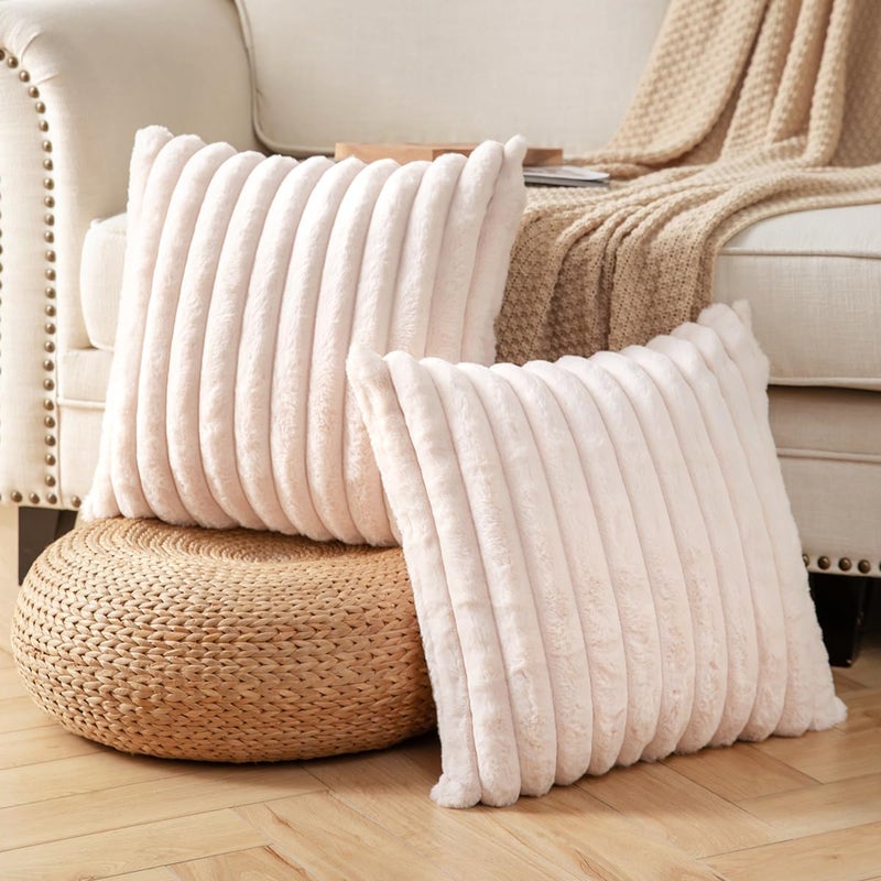 DEELAND Pack of 2 Double-Sided Faux Fur Plush Decorative Throw Pillow Covers Fuzzy Striped Soft Pillowcase Cushion Covers for Sofa Couch Bedroom Beige 22x22 inch - Image 2