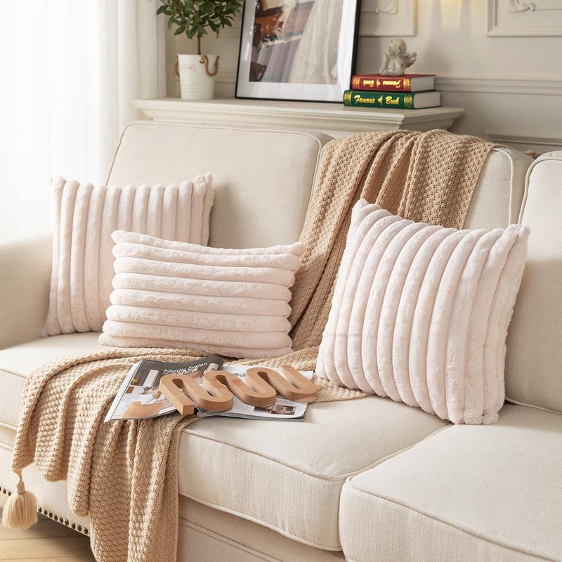 DEELAND Pack of 2 Double-Sided Faux Fur Plush Decorative Throw Pillow Covers Fuzzy Striped Soft Pillowcase Cushion Covers for Sofa Couch Bedroom Beige 22x22 inch - Image 4