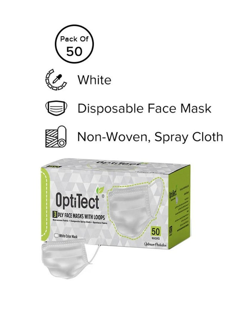 OptiTect 50 Pieces 3 Ply Disposable Face Mask White - Image 1