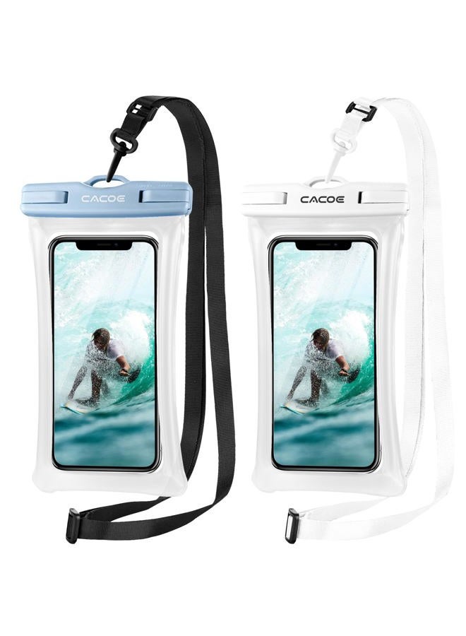 CACOE [Floatable] Floating Universal Waterproof Phone case 2 Pcs-Up to 7.0",Waterproof Phone Pouch with Adjustable Neck Lanyard,IPX8 Cellphone Dry Bags for Beach Pool Swimming（White+Blue） - Image 1